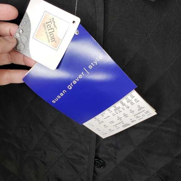 Susan Graver Black Lightweight Quilt Stitch Button Up Water Resistant Coat Sz M. - Picture 7 of 12